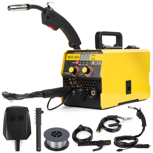 3-in-1 Gasless MIG Welder Machine, 140A Portable Welding Kit for Home, 110V/220V Dual Voltage Welding Machine, with LED Digital Display,Masque, Brush, Cables & Accessories (Yellow)