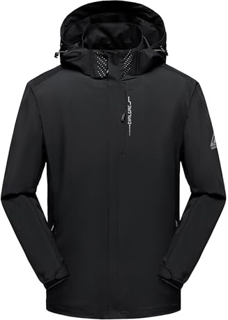 AMZSPORT Uomo Antipioggia Impermeabile Antivento con Cappuccio Leggera e Comprimibile Traspirante per Escursionismo,Corsa,Viaggi,Trekking,Nero L