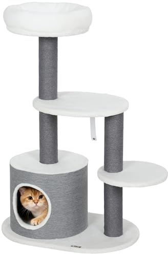 PawHut Kratzbaum Katzenturm mit Höhle, 3 Plattformen 98 cm Grau+Weiß