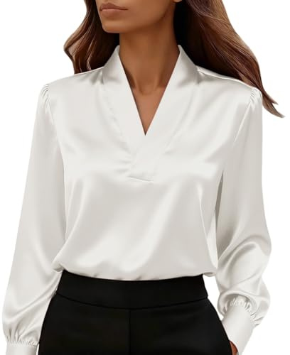Camicia in Raso da Donna Elegante Camicia in Chiffon a Maniche Lunghe Maglietta in Raso Ampia Blusa Seta Ufficio con Scollo a V Sciolto Camicetta Business Classico Moda Top da Lavoro Button Down Slik