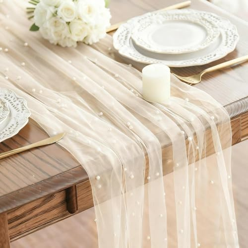 KNUIUYY Chemin de Table en Gaze Beige - 70 x 300 cm, Décoration de Chemin de Table pour Mariage, Tissu de Gaze Rustique pour Décoration de Mariage, pour Arche / Fêtes à Thème / Anniversa