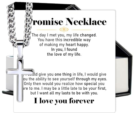 VIRAGIL Promise Necklace Cuban Cross Chain for Men, Stainless Steel Silver Chain with Cross Pendant, Meaningful Jewelry Gift for Husband or Partner on Birthday Valentine and Special Moments