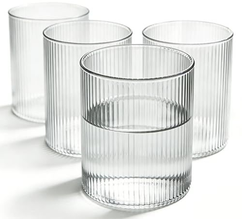 Geriffelte Gläser 4er Set 300ml Trinkgläser, Wassergläser Cocktailgläser Trinkgläser, Ripple Glas Matcha Gläser aus klarem Glas Gläser Set spülmaschinenfest EiskaffeeTrinkglas für Iced Matcha Latte