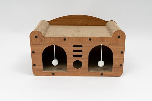 Katzenhöhle XXL aus Wellpappe & MDF 56x30x30cm, Stabiles Katzenhaus Indoor mit 2 Ebenen & Plüschbällen, Gemütliches Katzenversteck als Schlafplatz & Kratzmöbel für Große Katzen