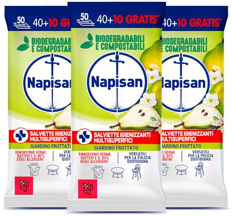 Napisan Salviette Igienizzanti Multisuperfici Fragranza Giardino Fruttato Rimuovono Germi e Batteri Biodegradabili Compostabili Versatili per Pulizia Quotidiana - 3 Confezioni da 50 Salviette