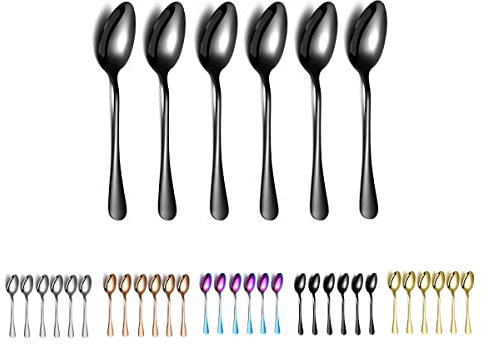 Cuchara de café negro,Kyraton cuchara de café de acero inoxidable,cuchara de sopa negra chapada en titanio,cuchara de postre,cuchara de helado,cuchara de té,juego de 6 piezas