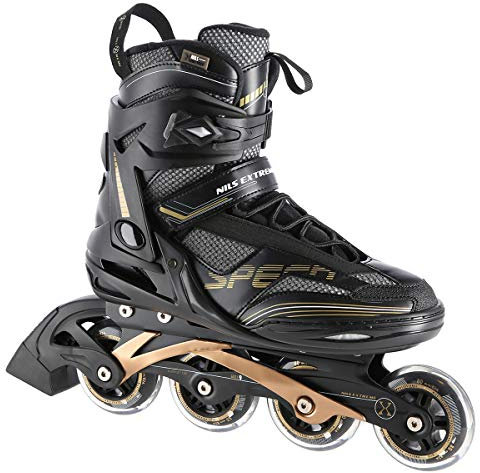 Nils Extreme Inliner für Herren und Damen - Inline Skates - ABEC9 Chrome Kugellager – Rollerblades Erwachsene - 82A Rollen - Rollerskates 42 - Schwarz und Gold - NA2150