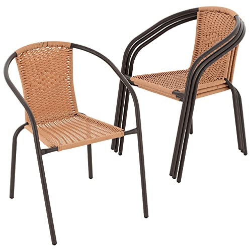 Nexos Trading 4er Set Bistrostuhl Stapelstuhl Balkonstuhl Rattanstuhl Terrassenstuhl – Poly-Rattan Stahlgestell –pflegeleicht robust stapelbar – Farbe Hellbraun