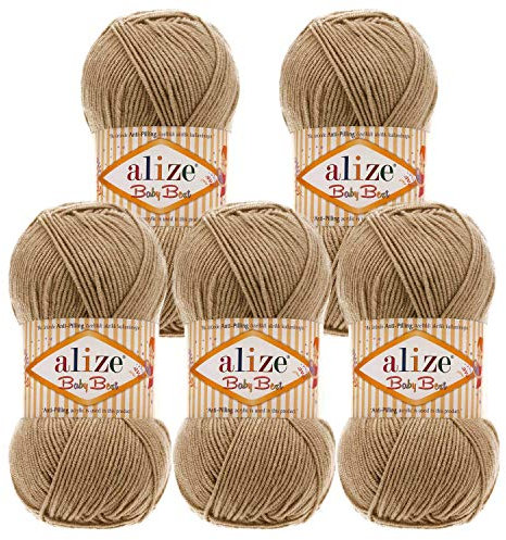 5 x 100g Strickgarn ALIZE Baby Best uni Babywolle Wolle Antipilling 44 Farben, Farbe:368 camel
