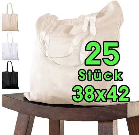 Baumwolltasche 38x42 cm unbedruckt, 25 Stück - Zwei KURZE Henkel OEKO-TEX® zertifiziert Stofftasche, Tragetasche, Baumwollbeutel, Einkaufstasche, Jutebeutel, Stoffbeutel Einkaufsbeutel bemalen Natur