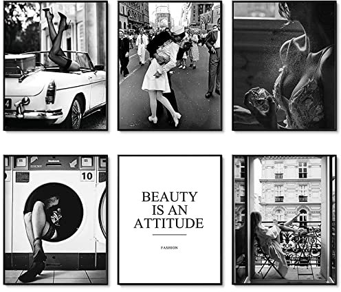 Set di 6 stampe artistiche da parete retrò in bianco e nero, con profumo di donna, vintage, decorazione artistica da parete set di poster per soggiorno (20.3x25.4 cm senza cornice)