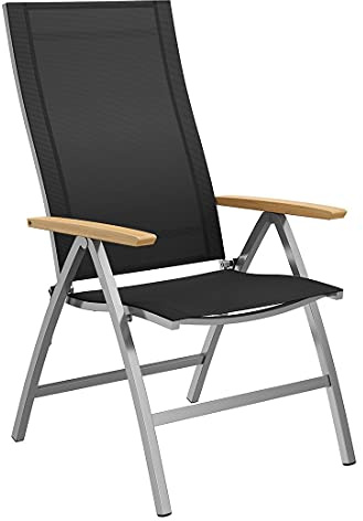OUTLIV. Oviedo Klappsessel, verstellbar, klappbar, Schwarz | Edelstahl und Teak; verstellbar und klappbar; 61x55x110cm; Schwarz; platzsparend, komfortabel; für Garten und Terrasse
