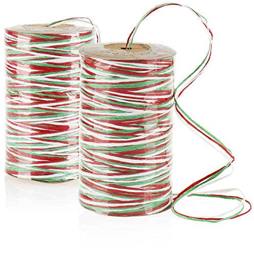 com-four® 2x Deko-Band-Rolle - farbiges Geschenkband aus Bast - filigrane Fäden 3-farbig - feine Schnüre zur Dekoration - Schleifenband-Faden, jeweils 100m (2 Stück - 3 farbig)