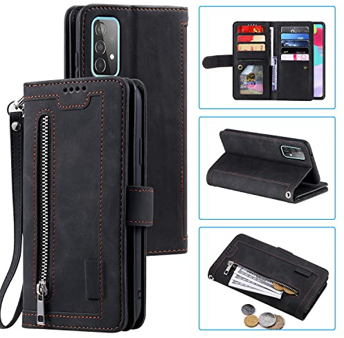 EYZUTAK Handyhülle für Samsung Galaxy A53 5G, Flip Lederhülle, Schwarz | Klappbar PU Leder Case, 9 Kartenfächern, Standfunktion, Reißverschluss, Magnetverschluss Brieftasche, Retro Matt Ledertasche