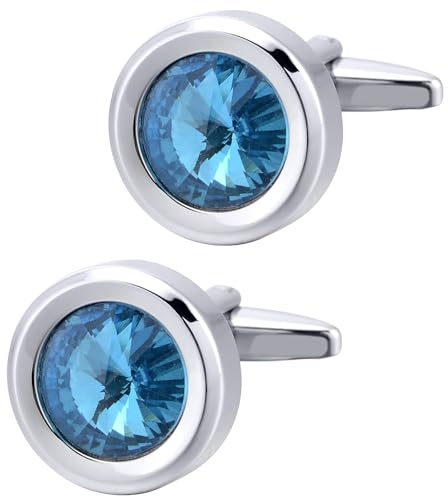 Jonwo Rund Kristall Manschettenknöpfe für Herren In Geschenkbox Silber und Gold Manschettenknöpfe Men Cufflinks Hochzeit Hemd Manschetten Tanzparty Ferien Jubiläum Kleid (Cyan)