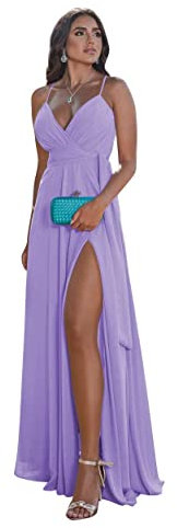 N/ C C014 Robe de demoiselle d'honneur longue en mousseline de soie avec col en V et poches, lilas, 38