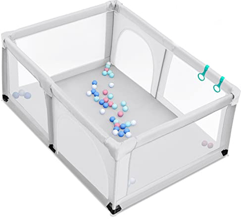 GOPLUS Baby Laufstall mit 50 Spielbällen, Krabbelgitter für Kleinkinder & Säulinge, stabiler Laufgitterzelt mit atmungsaktivem Netz, Reisebett mit Tür und Reißverschluss, mehrfarbig (120x190cm, Grau)