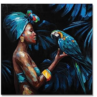 GEMMII Afrikanische Frau mit blauem Papagei Druck auf Leinwand, Malerei, Drucke, abstrakte Kunstwerke für Wohnzimmer, Wandkunst, dekoratives Poster, 80 x 80 cm, rahmenlos