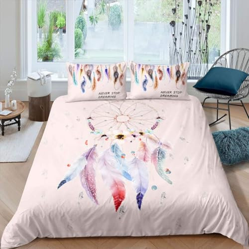 Bettwäsche 200x220 Traumfänger Bettbezug 3pcs, Microfaser Atmungsaktive Bettwäsche-Set für Allergiker, mit Verdecktem Reißverschluss und 2 Kissenbezug 80x80, Boho-Traumfänger Mit Bunten Federn,110g/m²