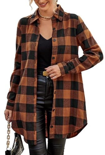 Jhsnjnr - Camicetta da donna a maniche lunghe, a quadri, in flanella, con bottoni, oversize, a maniche lunghe, a quadretti, Arancione, L