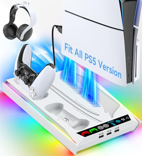PS5/ Pro/Slim Stand for Disc & Digital Console, PS5 Cooling & Charging Station with 3-Level Auto Fan, PS5 Controller Charger for PS5 & Edge Controller, PS5 Pro Accessories with 3 Charging Ports
