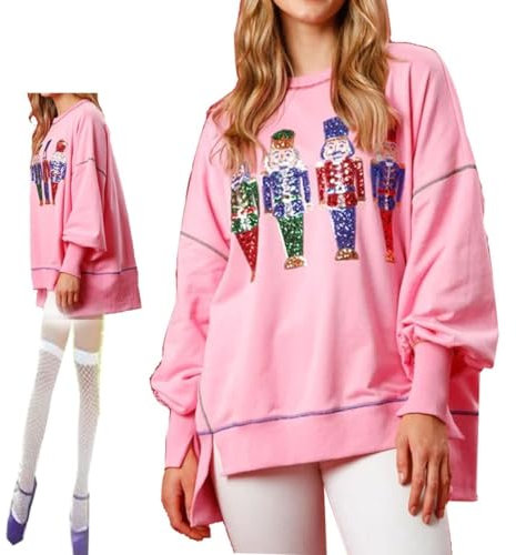 DJSDN Sweat-Shirt Casse-Noisette à Paillettes de Noël, Pull à Manches Longues imprimé Père Noël Casse-Noisette Hauts, Sweat-Shirt de Noël drôle à Paillettes for Femmes (Color : Pink, Size : XX-Large)