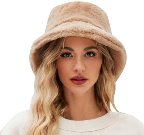 Modaworld Damen Hut Winter Weiche Kunstpelz Flauschige Fischerhut Breite Krempe Fellmütze Winter Warme Mütze für Mädchen