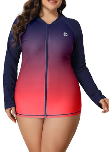 ATTRACO Womens Rash Vest Plus Size Long Sleeve Swim Top Zipper Long Sleeve Rash Guard UPF50+ Swimsuit