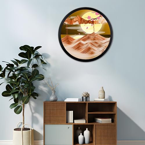 Cadre Sable Mouvant, Sablier de Relaxation 3D Verre Rond, Image d'art de Sable en Mouvement, Peinture de Sable Qui Coule Paysage de Sable de La Mer Profonde pour la Maison, le Bureau, le Café