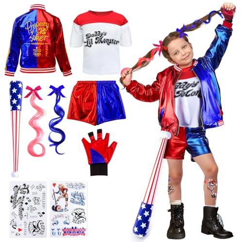 Luclay Kostüme Kinder- Mädchen Bösewicht Kostüm Cosplay Suicide Clown Kostüm Kit mit Jacke, T-Shirt, Shorts, Handschuh Perücken Tattoo Baseballschläger für Karneval Cosplay Faschings Halloween 120