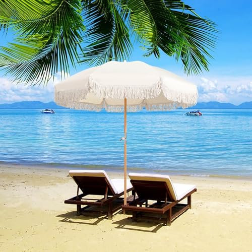 Sonnenschirm Strand 6ft Outdoor-Tischschirm, robuster weißer Terrassenschirm, Neigungsschirm, Quaste, tragbarer Strandschirm für Sand, UV50+, Gartenschirm, wasserdicht, Hinterhofschirm, winddicht, Tr