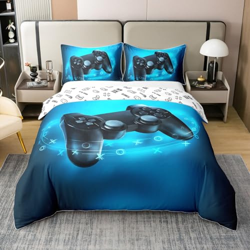Loussiesd Kinder Jungen Bettwäscheset Gamepad drucken Bettbezug Blau Spielthema Bettwäsche Videospiel Action Buttons Bettwäsche Set 135x200cm 100% Baumwolle für Teens Weiche mit Reißverschluss