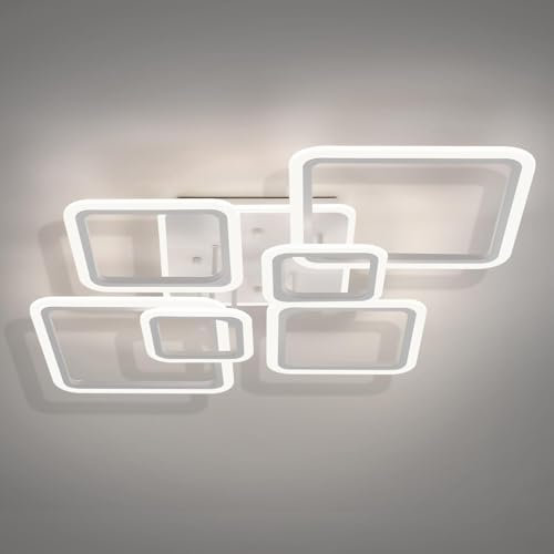 SEABLE Modern Ceiling Light, 36.2'' LED Dimmable Acrylic Square 6+1 Rings Ceiling Lights with Remote, White Flush Mount Ceiling Light Fixture for Low Ceiling Bedroom Living Room Dining Room, 130W