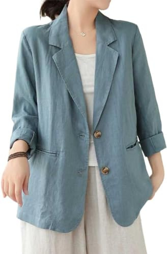 Suncadmious Blazer Donna in Cotone e Lino Blazer Leggero Business Casual 2024 Cardigan a Maniche Lunghe Primavera/Estate Giacca da Lavoro a Maniche Lunghe