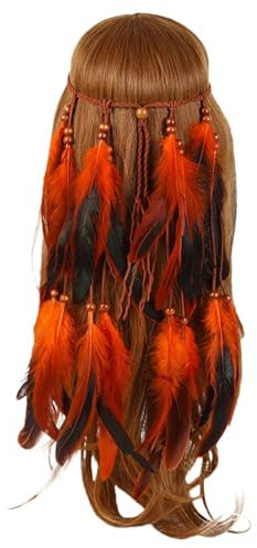 Feder Kopfschmuck Boho Hippie Stirnband 1 Stück,Indian Feather Stirnband,Frauen Bohemien Feder Quasten Seil Weben Gürtel Haarband Haarschmuck,Hippie Boho Festival Party Indisch (B-Orange, One Size)