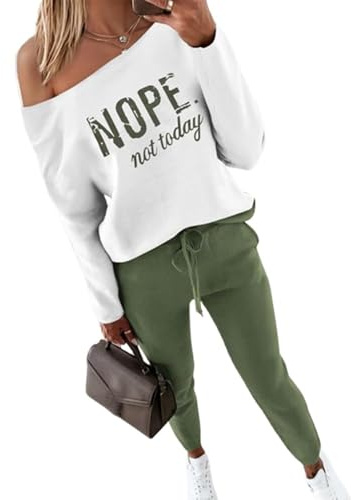 CHICME Women Tracksuit Fall 2 piece Outfits Off The Shoulder Long Sleeve Tops and Pants Set Travel Outfits-gr-L