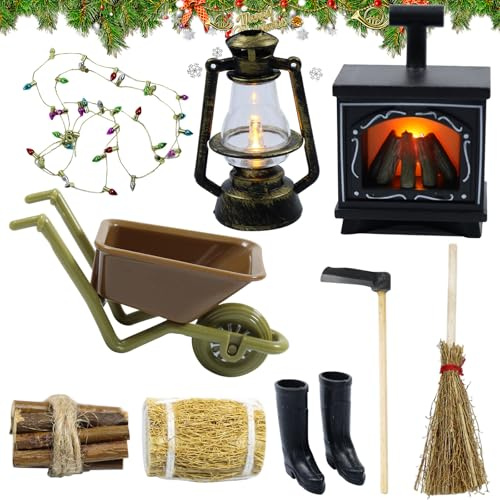 Wichtel Zubehör Weihnachten, 9tlg Miniatur Puppenhaus Zubehör, Wichtel Kamin mit Licht, Puppenhaus Kamin, LED Wichtel Feuerstelle Miniatur Petroleumlampe Wichtel Lichterkette Miniatur, Mini Lagerfeuer