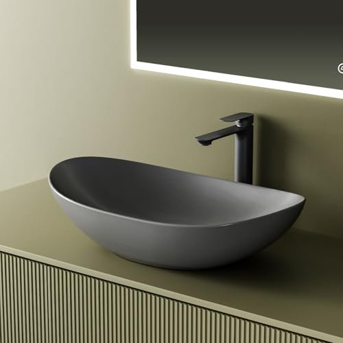 EMKE Lavabo da appoggio 615 x 360 x 155 mm, Lavabo ovale in ceramica per bagno, installazione su top, grigio opaco, lavabo per bagno e WC per ospiti