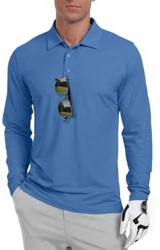 QIXING Men's Golf Polo Shirts Long Sleeve UPF 50+ Lightweight，Quick Dry Performance Collar Summer Tops for Golf, Fishing, Tennis(Dark Blue, L)