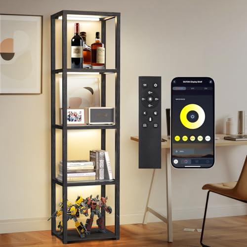 OUTON 67 Glass Display Shelf with Dimmable LED Floor Lamp, Collectibles Display Cabinet with Remote & App Control, 5 Tier Open Bookshelf Lamp for Living Room, Bedroom, Office, Home Decor, Black