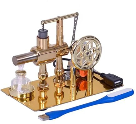 PUOSUO Hot Air Stirling Motor Power Generator Alpha Engine Model with LED Lights Kit Teaching Stirling Engine Kit for Adults Desktop Educational (D)