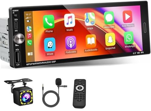 Hikity 1 DIN Autoradio Carplay Android Auto Wireless 6.9 Inch IPS HD Pantalla Táctil Touchscreen Radio, Bluetooth con Cámara de Marcha Atrás, FM RDS EQ SWC Type-C Mic USB Charging/Mirror Link
