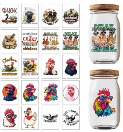 GOMAKERER UV DTF Cup Wrap Für 16OZ Glas, 20 Blatt Transferaufkleber Wasserfester Abziehbild Zum Aufreiben Mit Tier Und Entenmotiv Für Tassen Aufkleber Für Gläser Tassen DIY