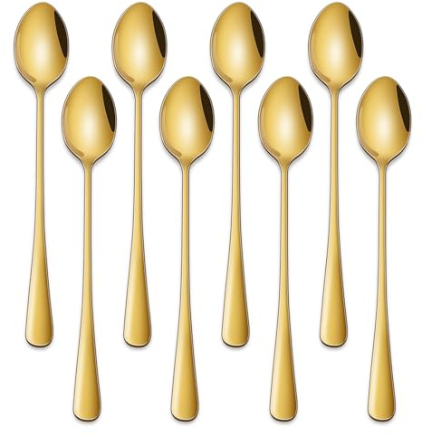 Eislöffel 19 cm (7,5) – 8er Set lange Löffel aus Edelstahl in Gold,Latte Macchiato Löffel,Dessertlöffel Joghurtlöffel lang Löffel für Eisbecher & Latte Macchiato Glas