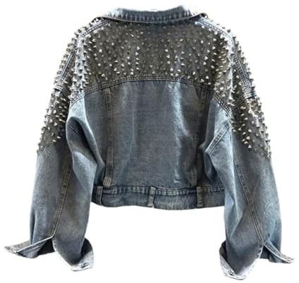 Damen Jeansjacke mit Nieten, langärmelig, Revers, Knöpfe, locker, kurz, lässig, Jeansmantel, hellblau, S
