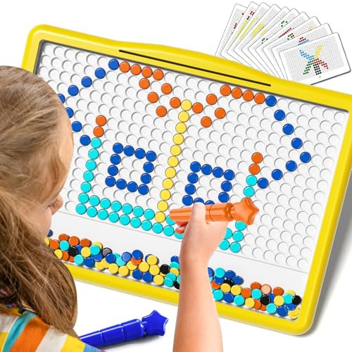 BLmukce Large Magnetic Drawing Board for Kids, Toddler Doodle Board with 200 Beads, 2 Pens & 20 Pattern Booklets, Montessori Dot Art Travel Toy, Educational Preschool Toys for 2 3 4 5 6 Years (Yellow)