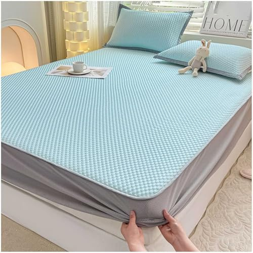 QZYGWCS Juego de Sábanas Ajustables Transpirables y Suaves: Sábana Refrescante de Verano Cubrecolchón con Funda de Almohada Seda Helada Lavable para Quienes Duermen con Calor