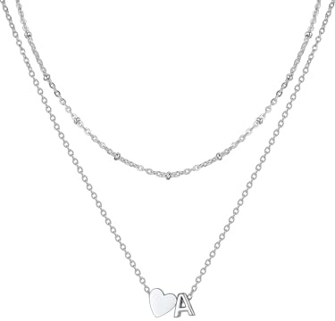 U7 Colgante Inicial Corazón Letra A-Z Collar Mujer Acero Inoxidable de Doble Capa, Cadena Plateado/Dorado 36 y 41 cm + 5 cm Regalos para Mujer Niña Compleaños Aniversario Fiesta