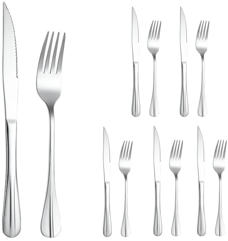 Biluer Couverts De Table, Menagere 6 Pieces 6 PCS Fourchettes De Table+6 PCS Couteau à Steak Convient Pour Les Repas Quotidiens En Famille, Les Fêtes Et Les Réunions