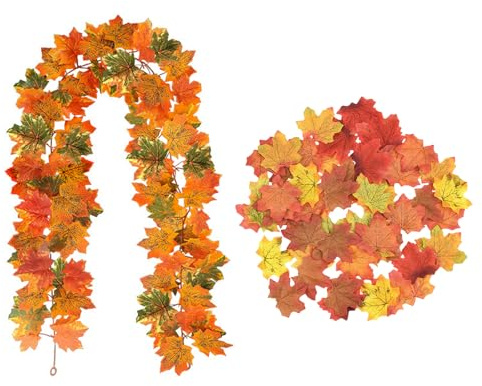 QITHGYD 50Pcs Herbstblätter Künstlich und 1,7 m Künstliche Herbst Ahornblätter Girlande, Herbstlaub Blätter Deko, Herbst Dekoration, für Garten, Tür, Kamin Dekoration, Hochzeit, Party, Erntedankfest